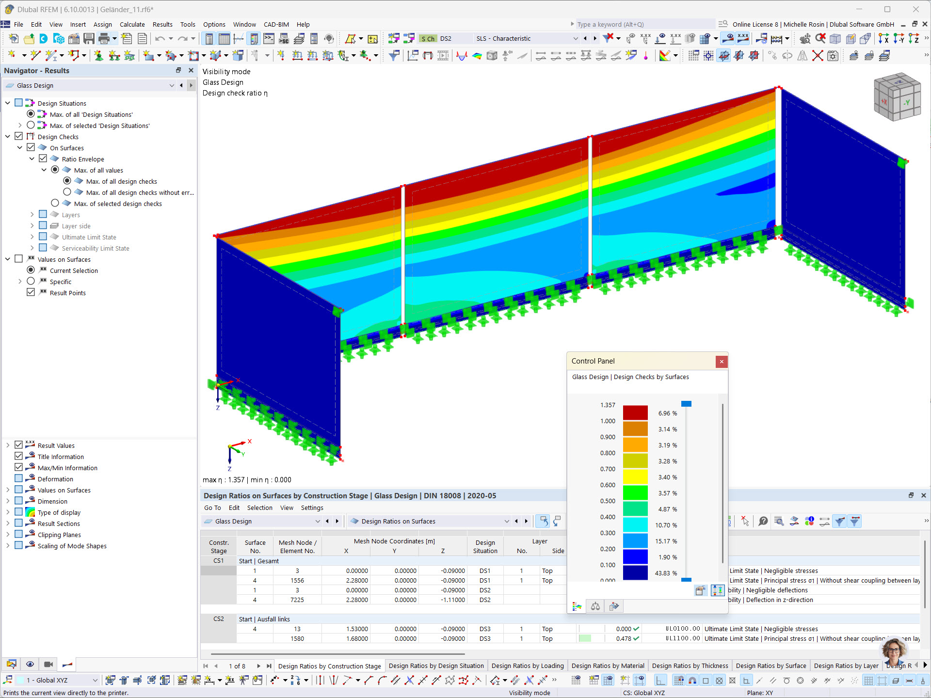 Glass railing, detailed design with the Glass Design add-on in RFEM according to standards.