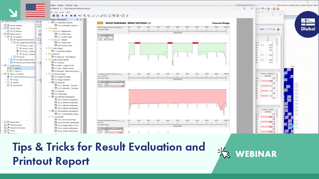 Webinar session on tips and tricks for evaluating results and printout report presented by a Dlubal expert.