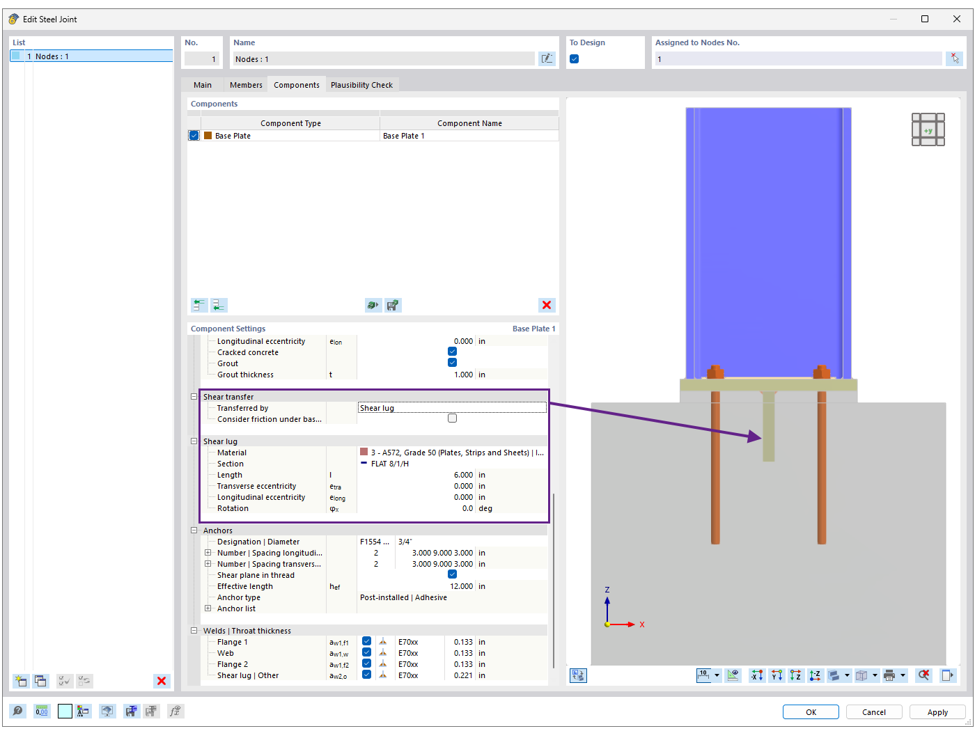 KB 001958 | AISC Base Connection Design Subject to Tension and Shear in RFEM 6