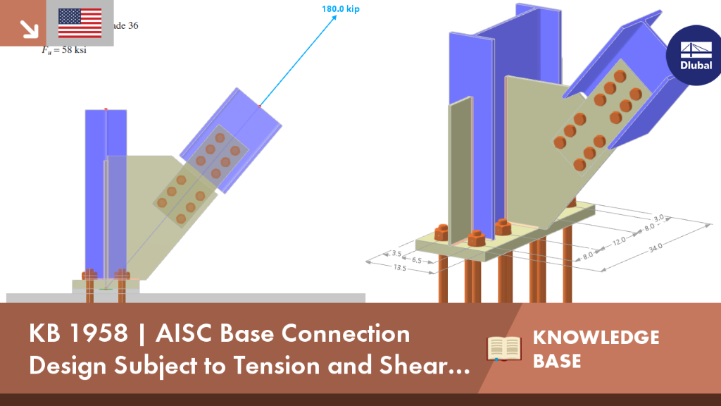Base connection design for tension and shear in RFEM 6, as per AISC standards. The visual displays the structural analysis.