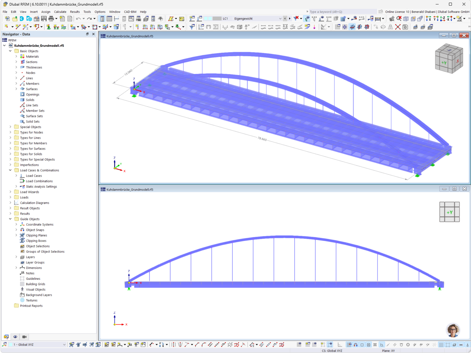 Structural model of the Kuhdamm bridge in Wustermark with structural details displayed in RFEM.