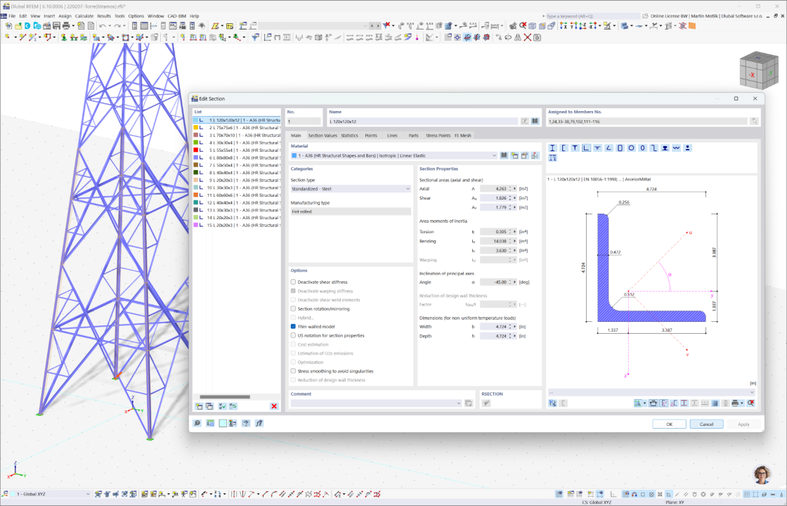 Dialog box displaying steel section setup for a lattice tower in RFEM 6 software.