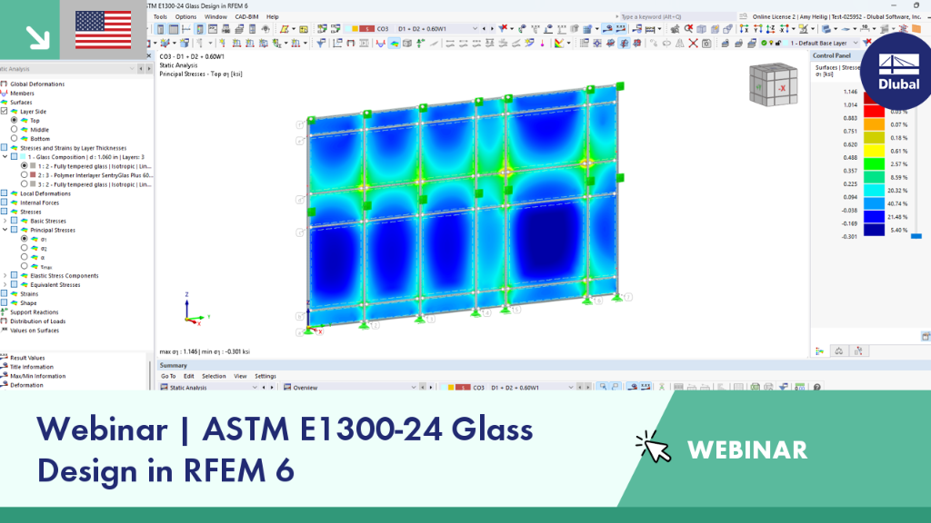 Overview of ASTM E1300-24 standard application in glass design using RFEM 6 in a webinar context.
