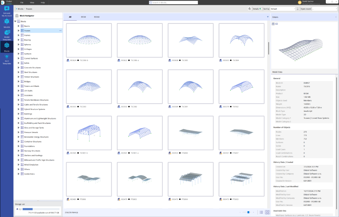 Visualization of the central management of projects and models in the Dlubal Center with detailed information and graphics.