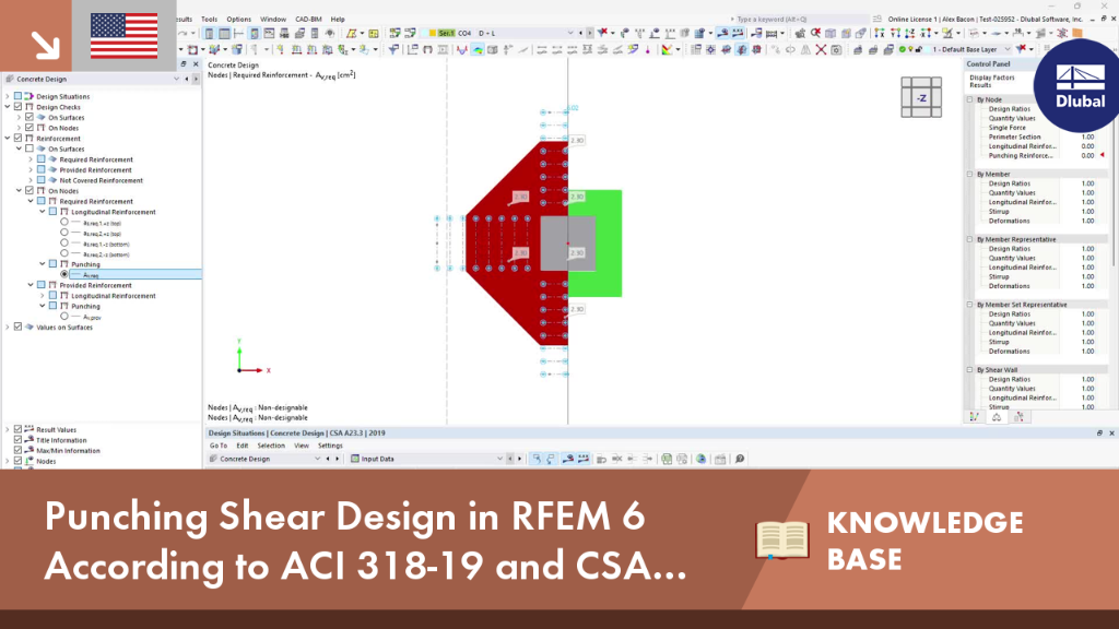 Punching shear design analysis in RFEM 6 using ACI 318-19 and CSA A23.3:19 standards.