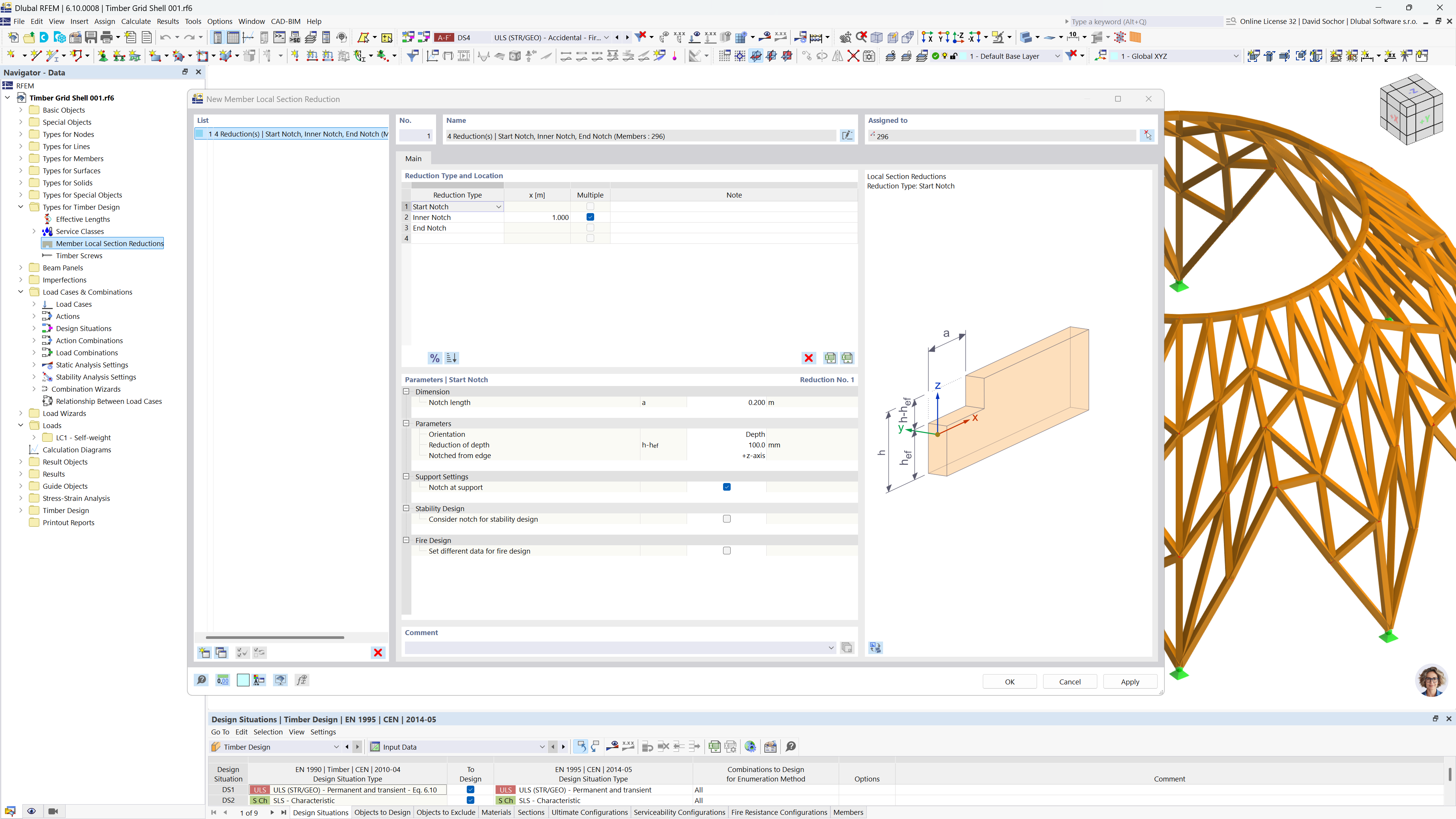 Dialog for defining cross-section reductions in timber beam design to manage notches effectively.