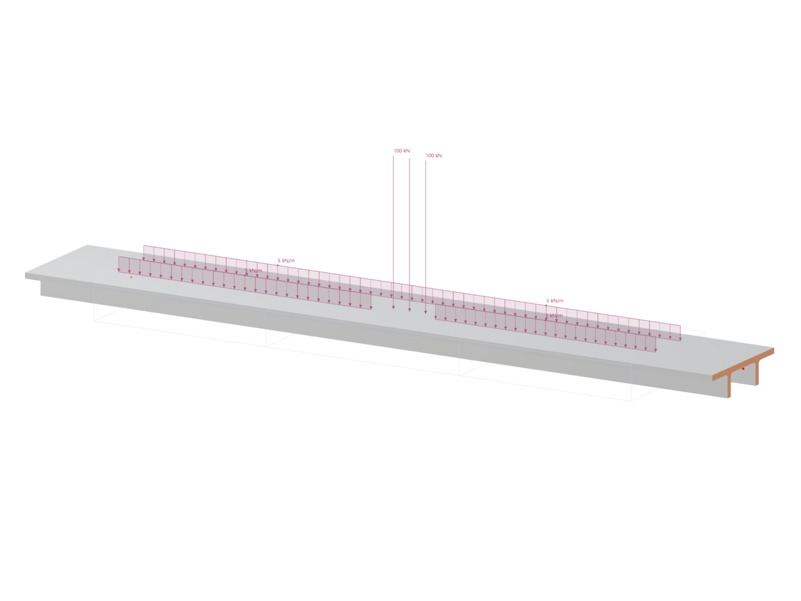 Truck with 30 t total load on bridge, traffic area load on two lanes; load model application.