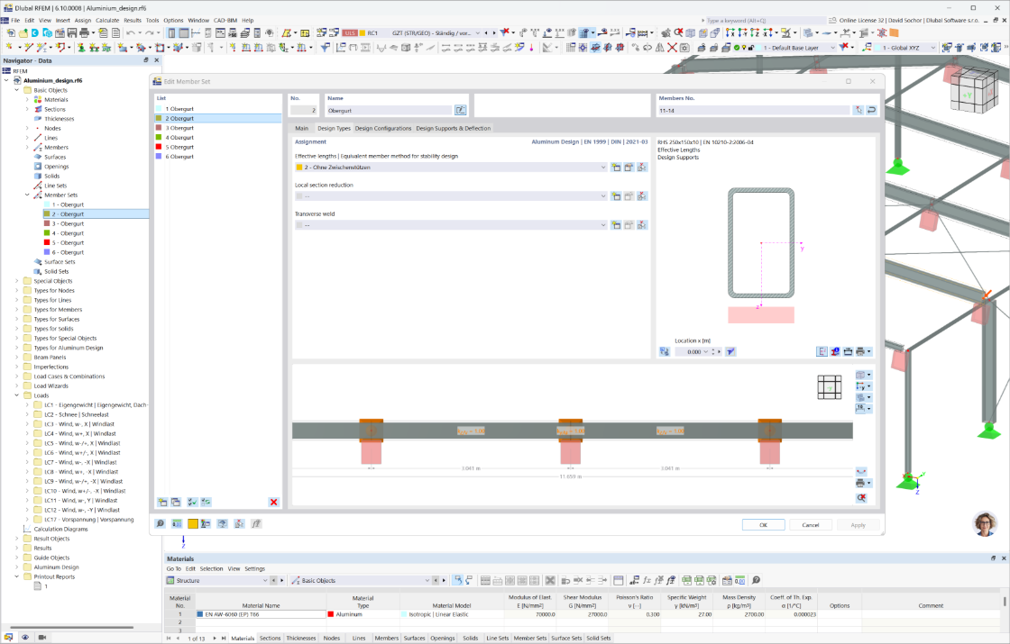 RFEM 6 dialog for editing aluminum member sets with focus on strength, stability, and cross-section checks.