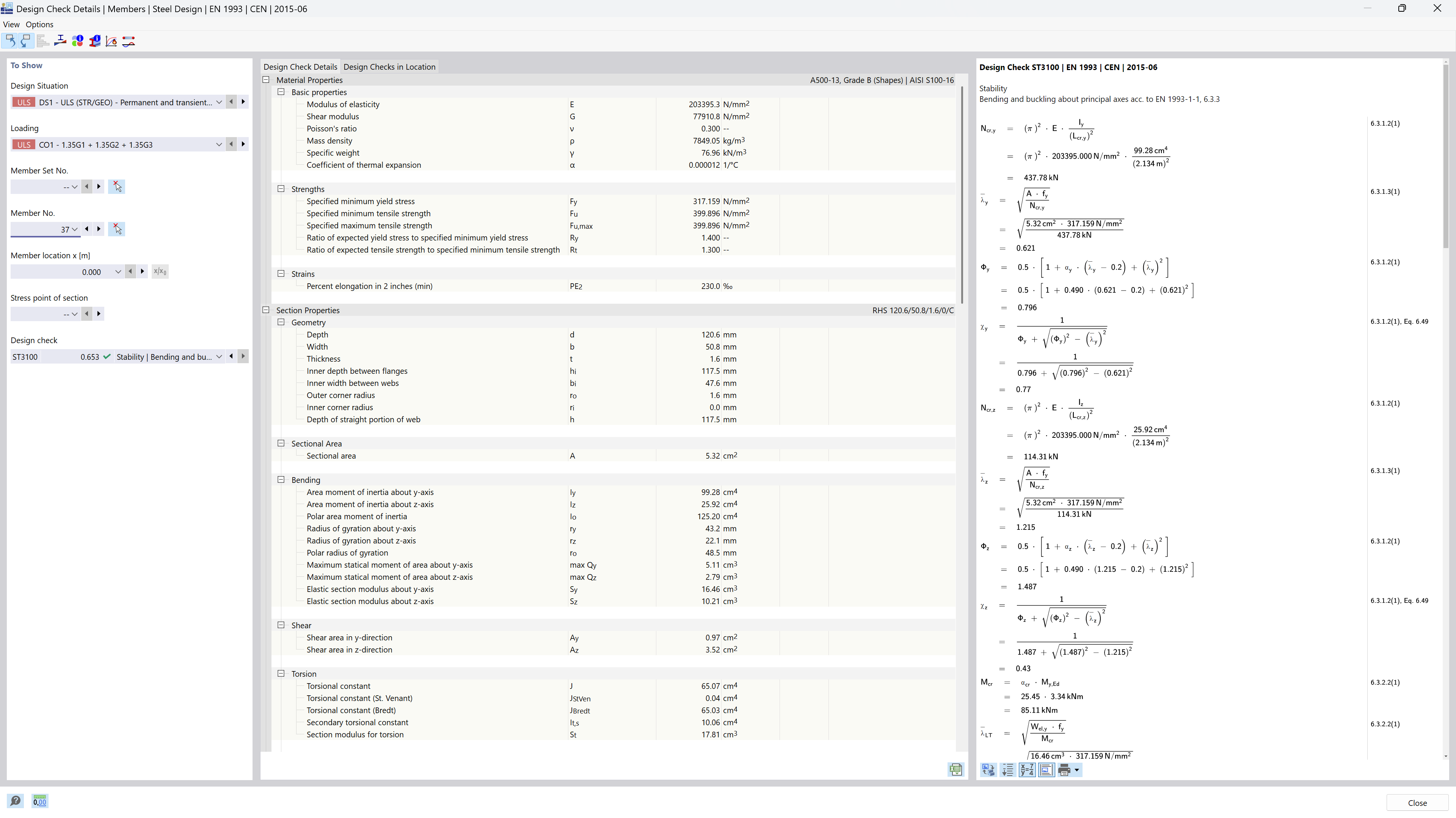 Display of design check formulas used in engineering projects with references to relevant standards shown clearly.