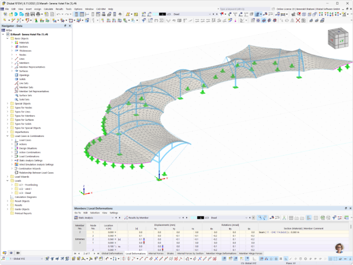 A detailed model of a steel membrane roofing structure visualized in the structural engineering program. An example of complex structural modeling.