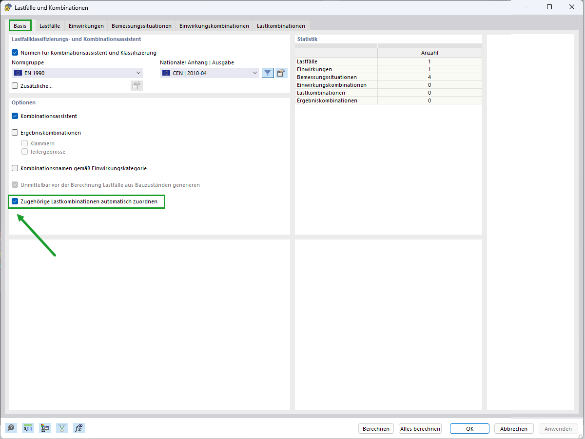 Dialog Box "Load Cases and Combinations" | Setting "Assign Corresponding Load Combinations Automatically"