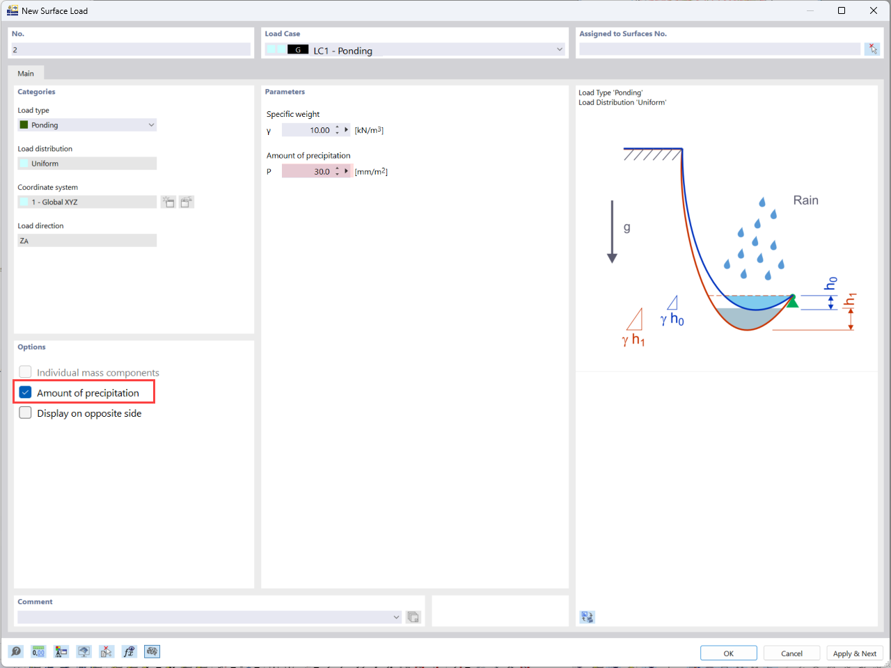 The RFEM 6 dialog box allows engineers to set parameters for ponding loads, crucial for accurately modeling precipitation-related scenarios.