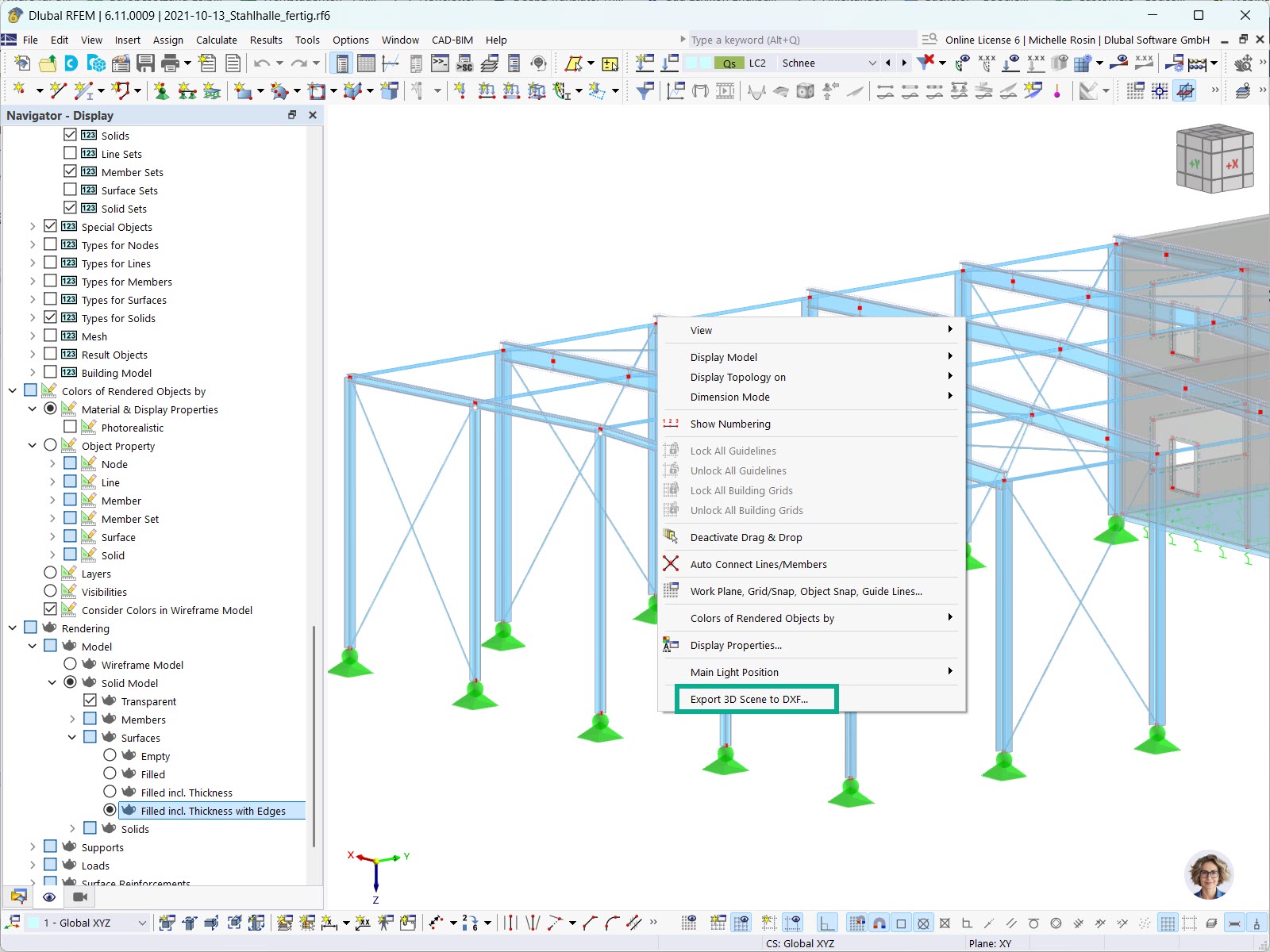 Export 3D scenes to DXF files, including lines and graphics based on visibility in the rendering.