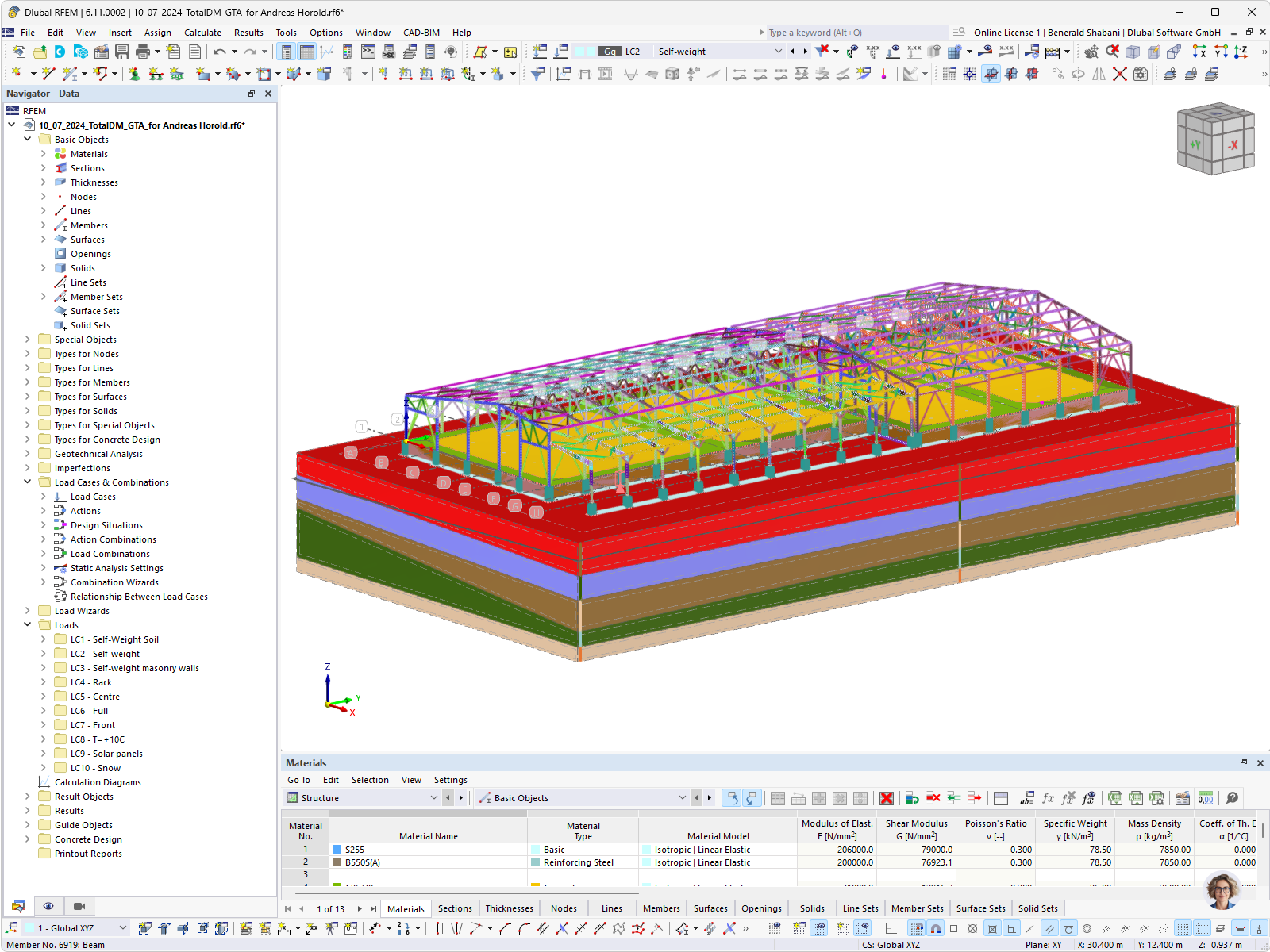 RFEM model with the base of the logistics center made of steel.