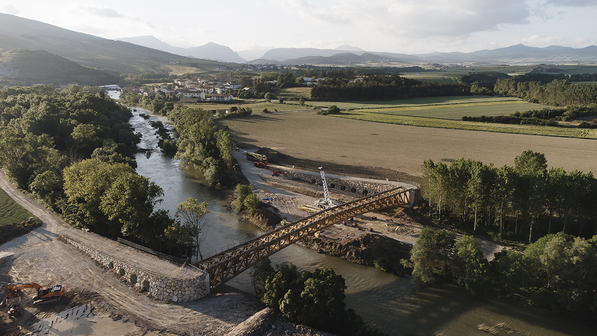 Panoramic view of the longest timber footbridge in Navarre, Spain.