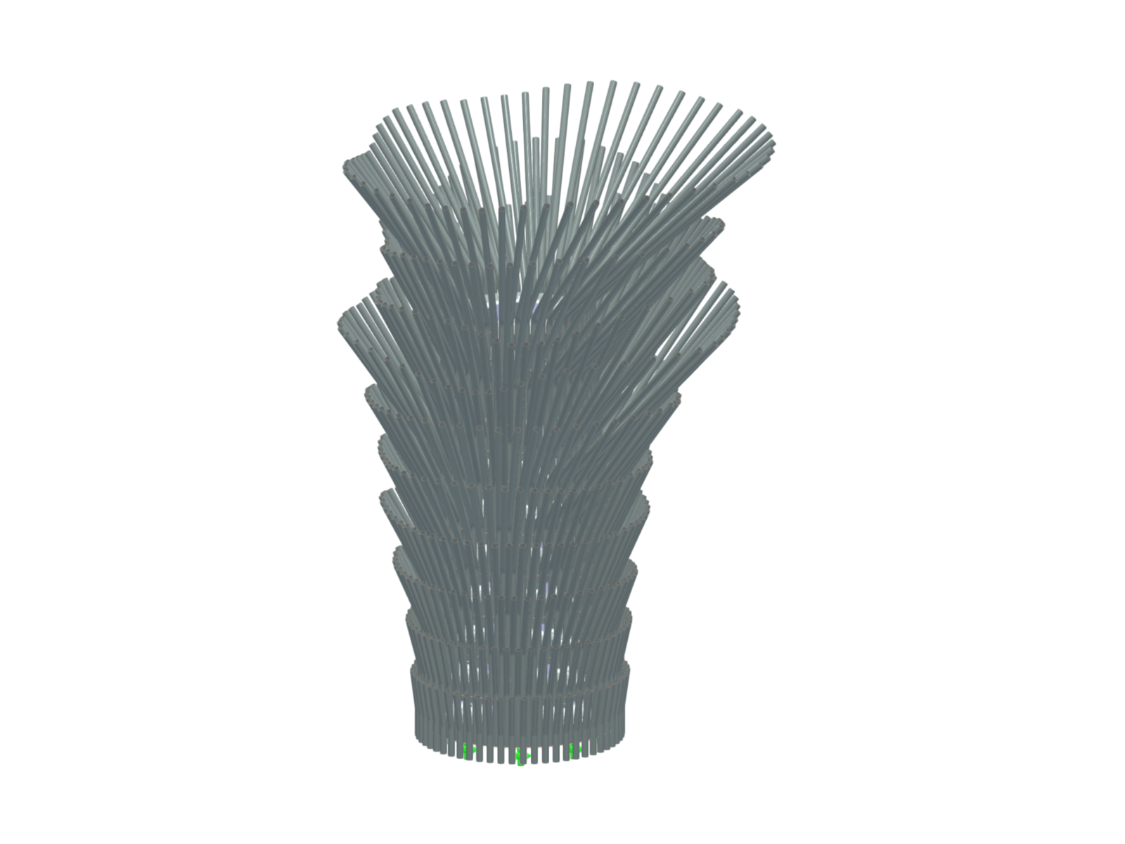 Artwork made of aluminum tubes, showing a complex, dynamic structure.