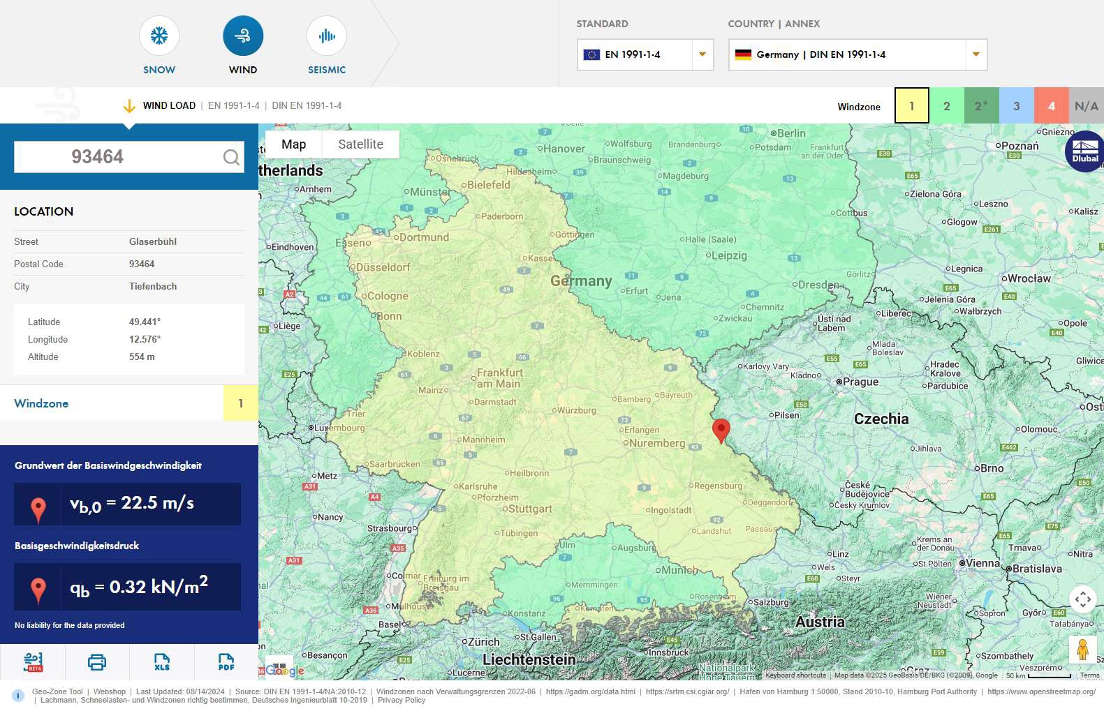 Geo-Zone tool map interface displaying wind zone data for site locations with detailed wind velocity and pressure values.