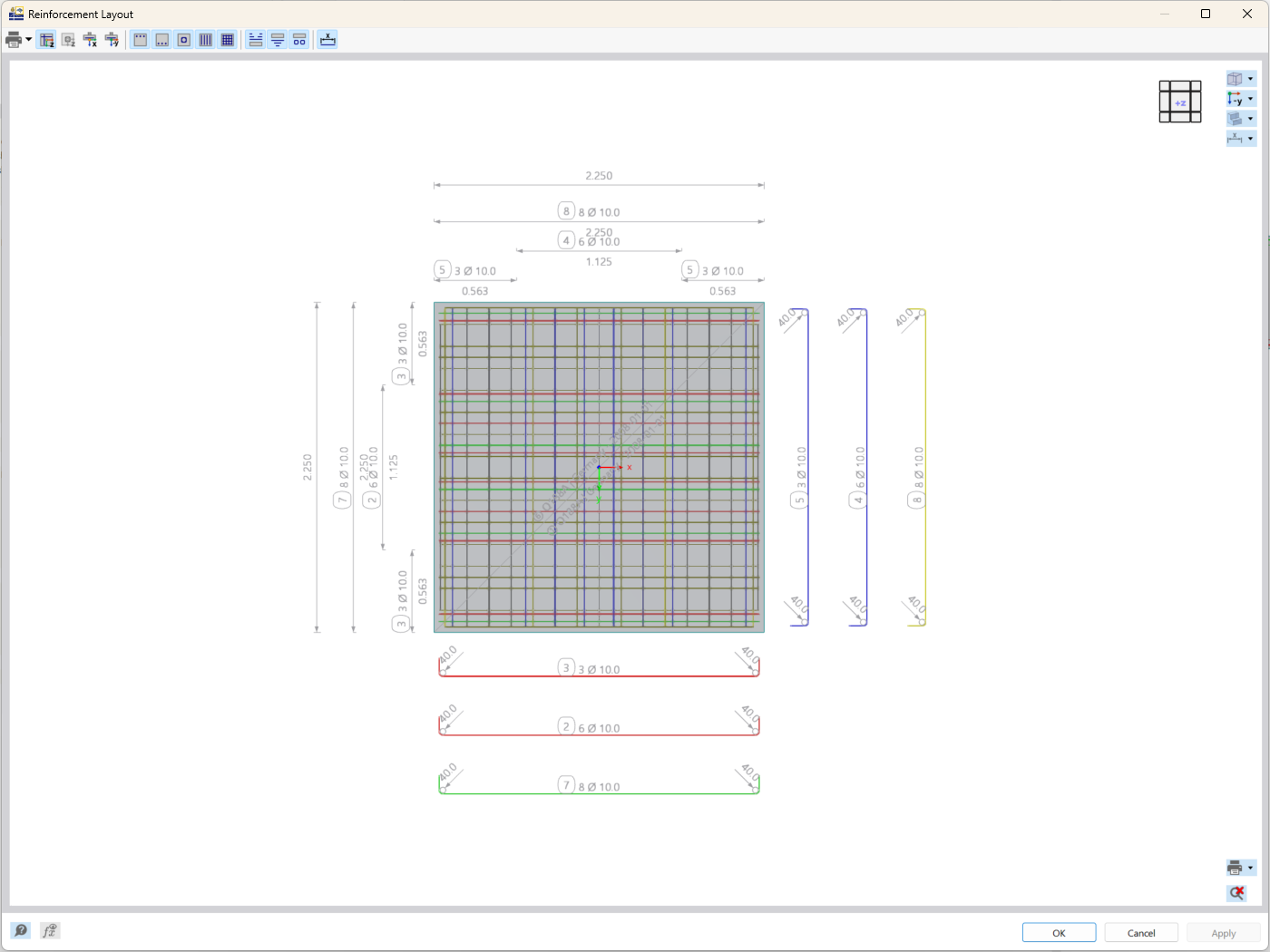 The image depicts the reinforcement layout for a foundation plate using the Concrete Foundations add-on, highlighting the structural reinforcement details.
