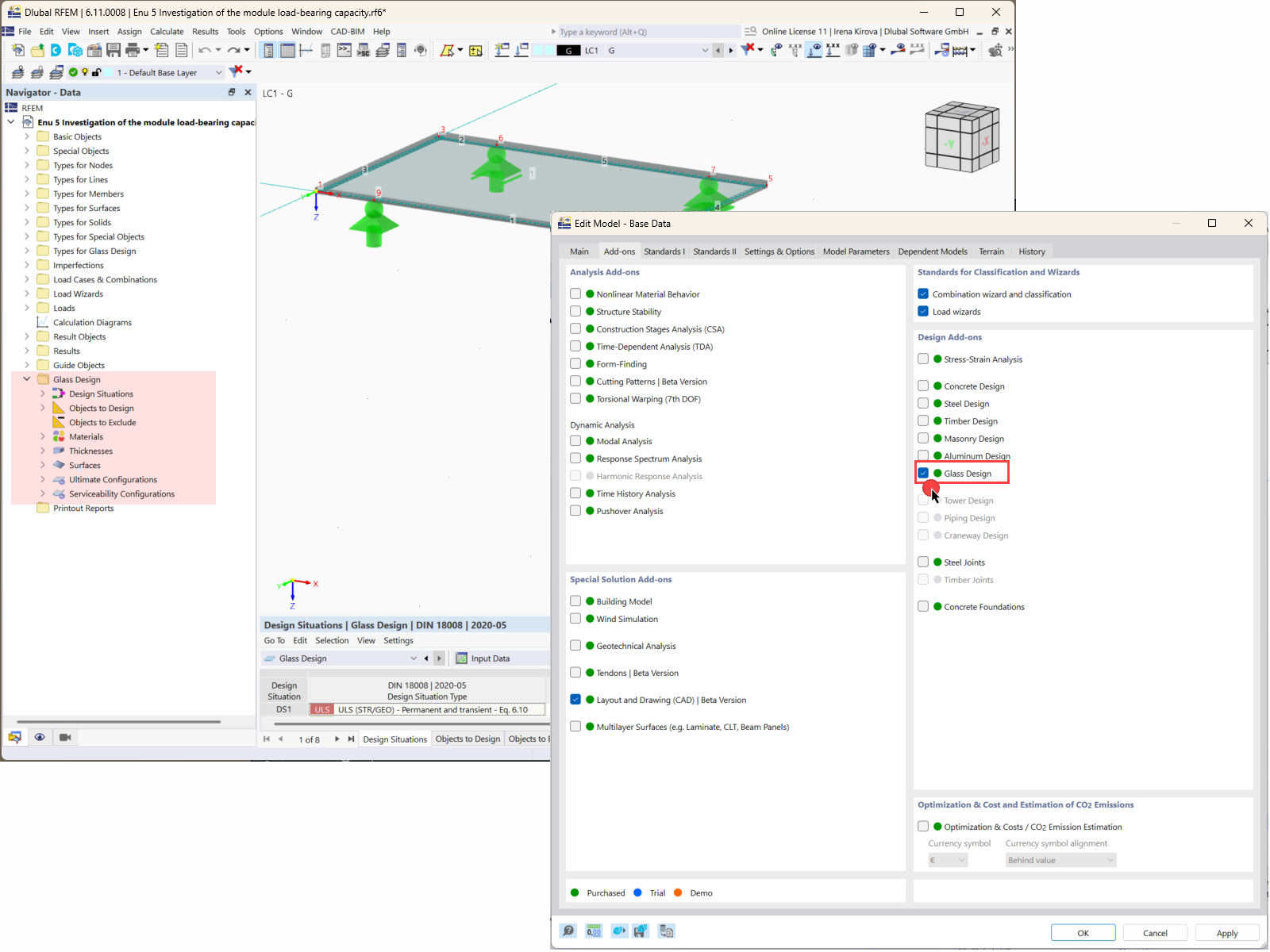 The image depicts how to activate the Glass Design add-on in RFEM 6, showcasing the software interface.