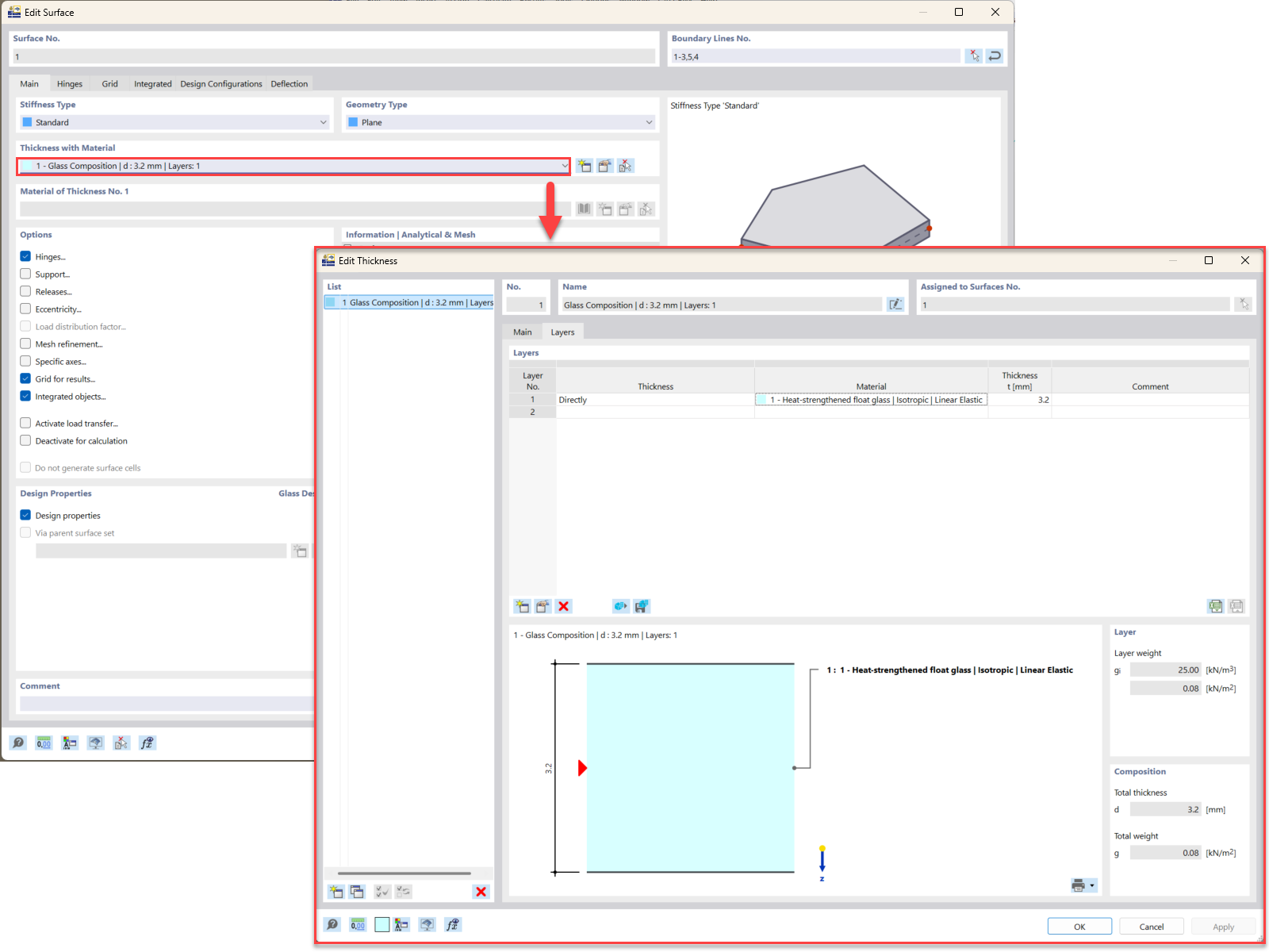 A detailed view of a glass solar panel structure designed using RFEM 6 simulation software, highlighting its layout and features.