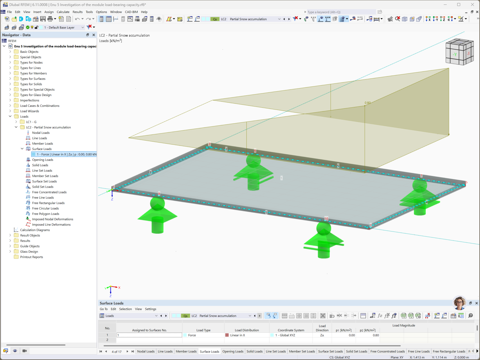 Simulation demonstrating partial snow load effects on a glass solar panel using RFEM 6 functionality.