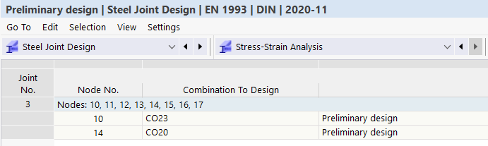 Display of governing load combinations in a structural project.