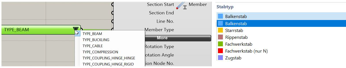 Definition of a member type in Grasshopper (left) and RFEM 6 (right)