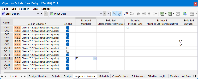 Table "Objects to Exclude" for Steel Design