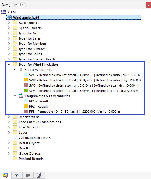 An interface view of RFEM 6 displaying the navigator with various settings types for wind simulation analysis.