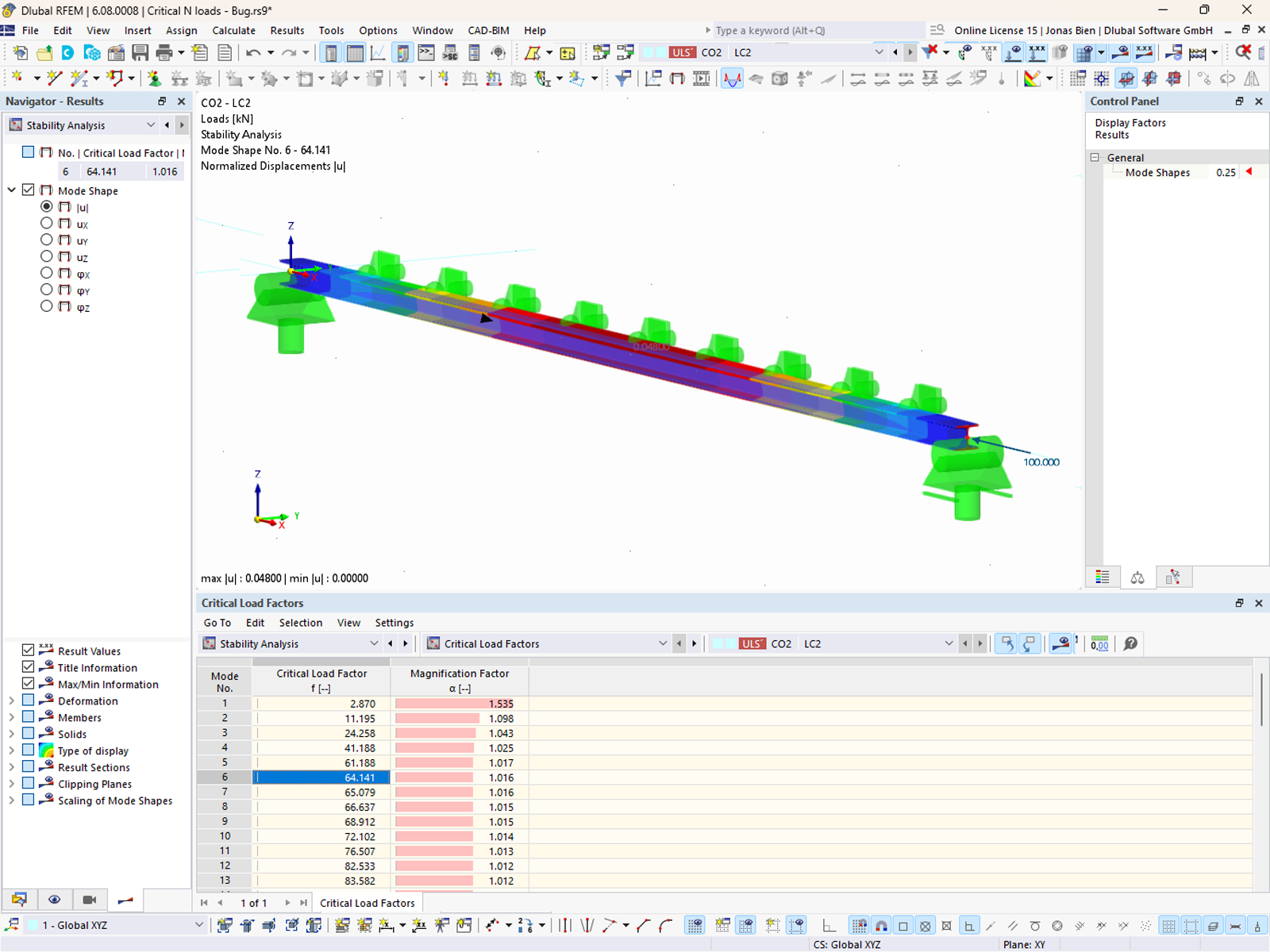 Enhanced structural stability calculation with optimized lateral support for precise critical load factor determination.