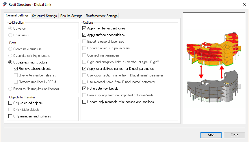 Settings for structural projects in the design area with specific parameters and details.