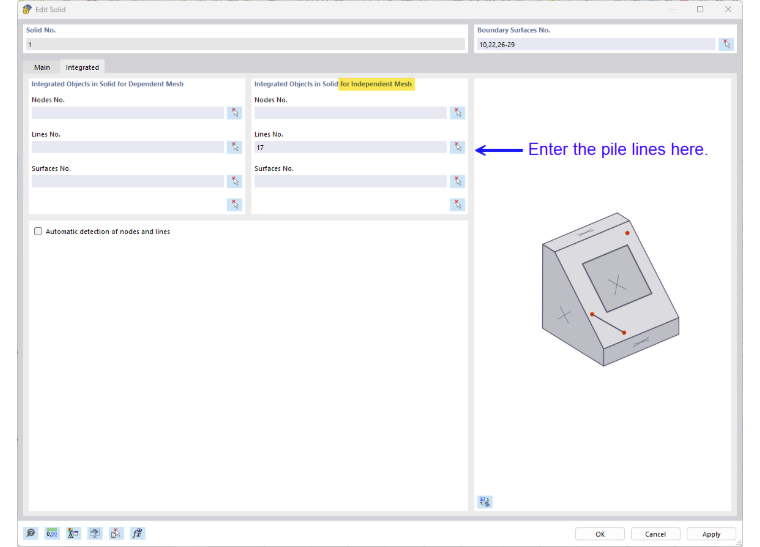 Display of the assignment of objects in a structural model for the independent meshing of piles.