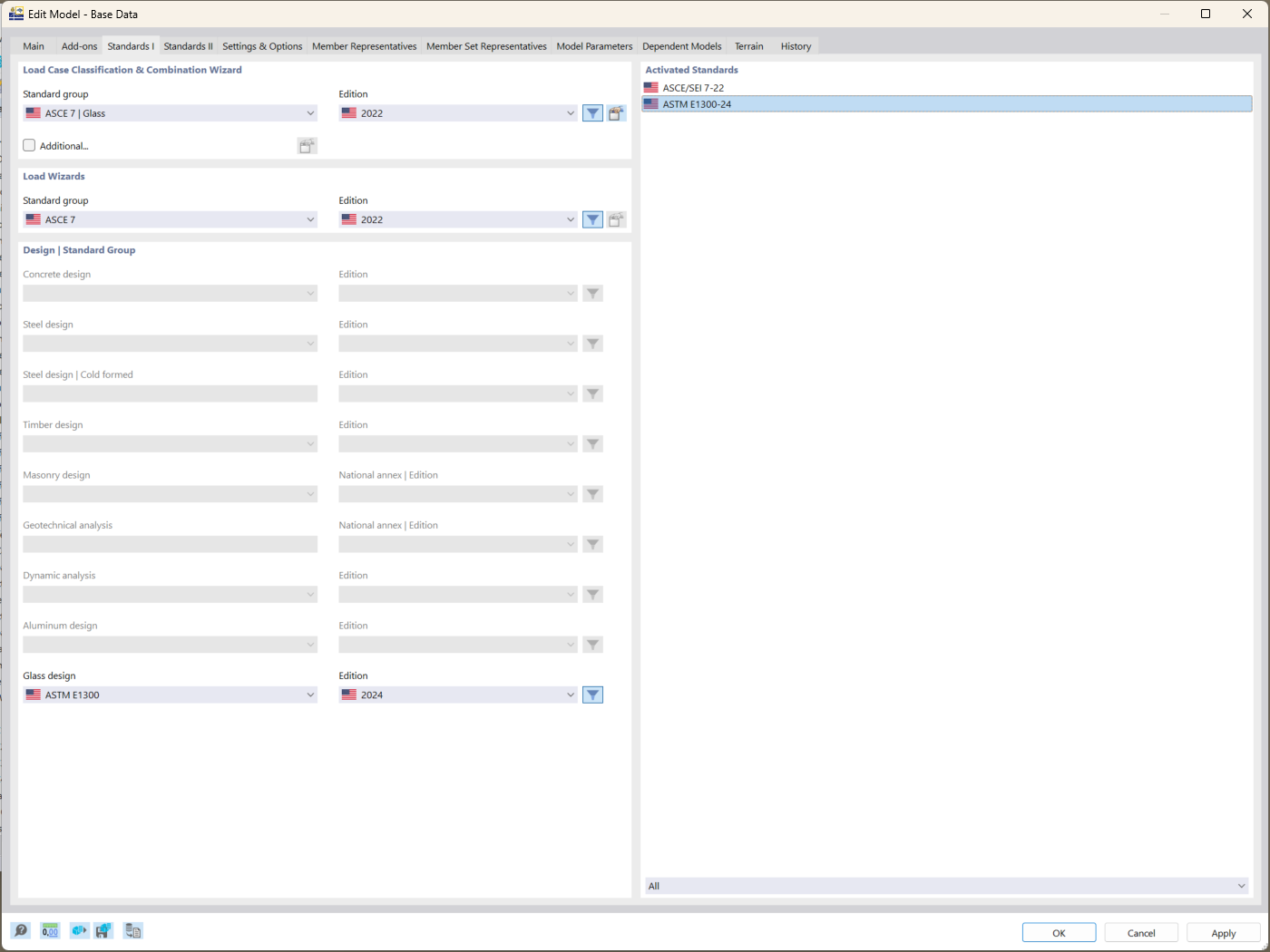RFEM 6 interface displaying configuration of ASTM E1300-24 standard in basic data setup.
