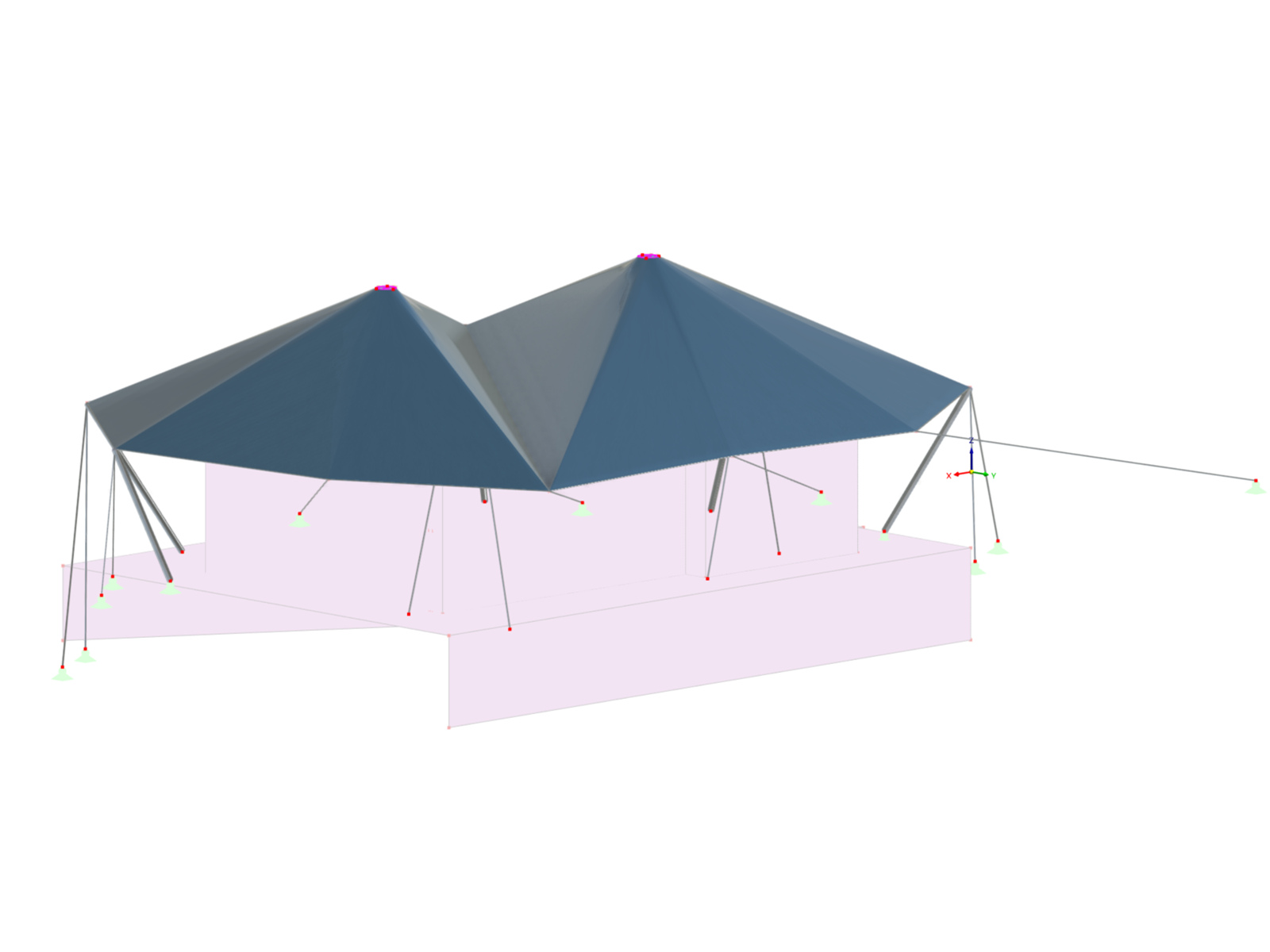 Structure of a membrane roof with cable elements, reinforced by tension cables.