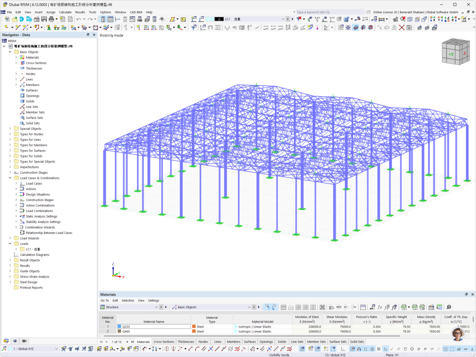 Computational model of a steel hall with truss girders, designed in RFEM for engineering applications.