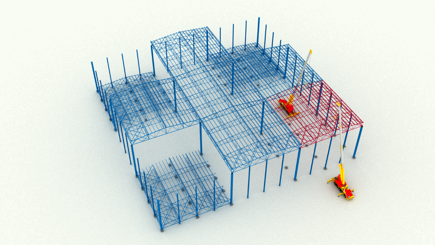 Visualization of the construction stage of a building where roof elements are already lifted in.
