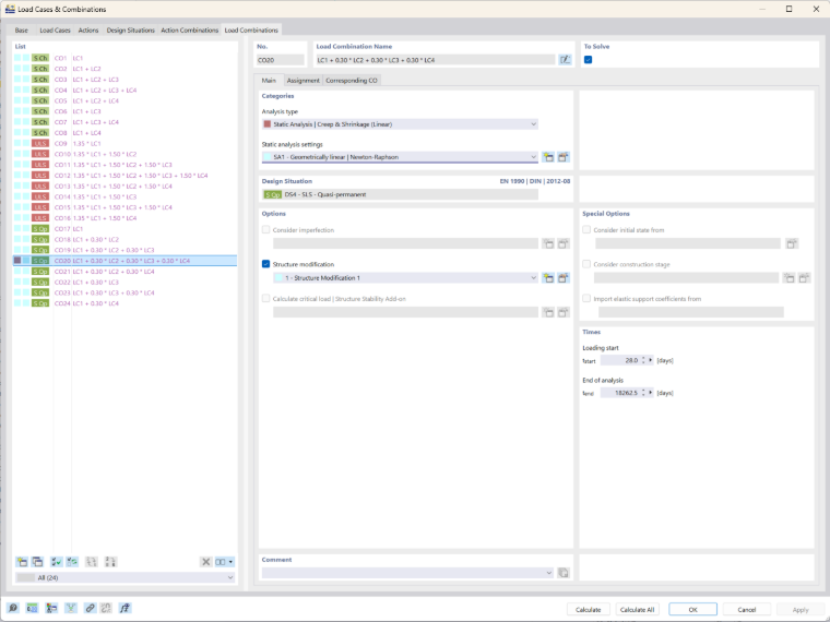 Screenshot showing the Creep & Shrinkage analysis type setup options in RFEM 6 for structural analysis.
