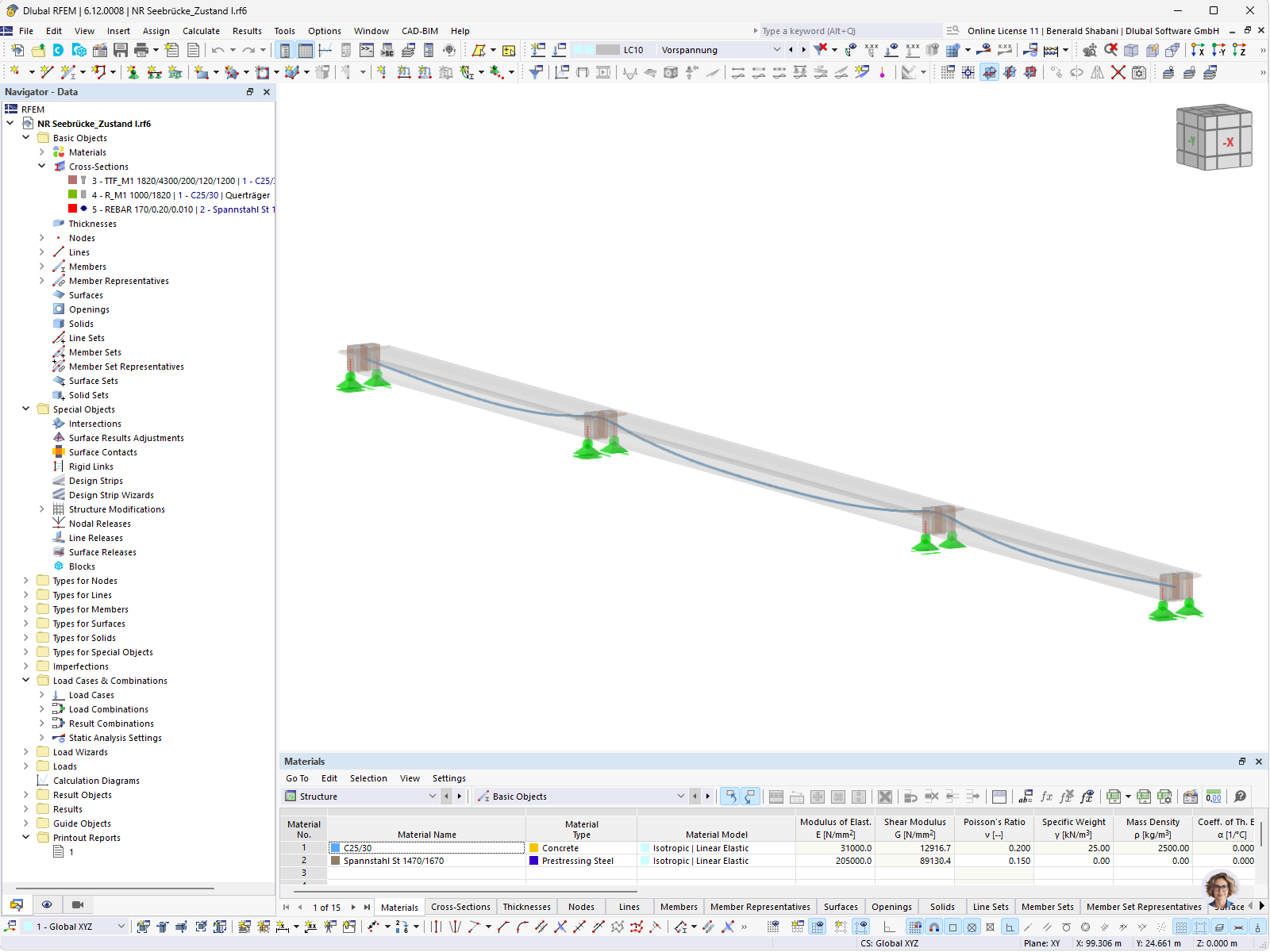 Analysis model of a prestressed lake bridge including tensioning cables, created using RFEM software.