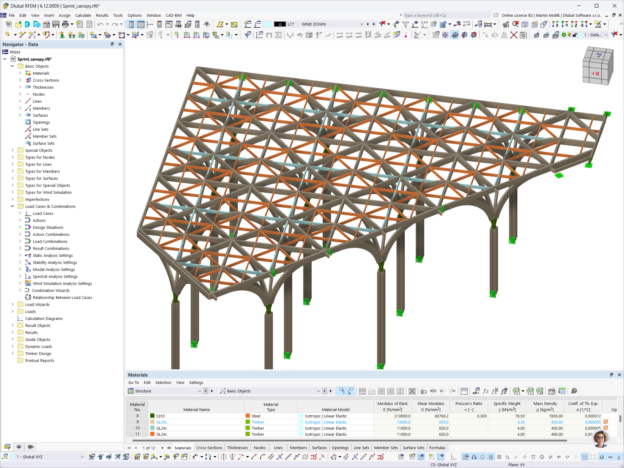RFEM model of Sprint Canopy in Singapore highlighting material types for structural members.