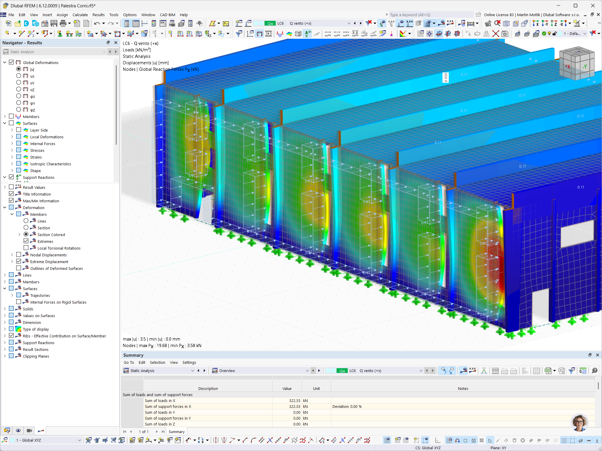 Global deformation results of the side wall affected by wind load in Modena sports hall model in RFEM 6.