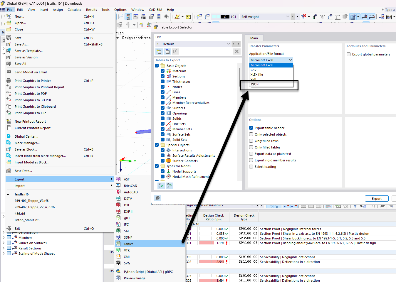 Table Export feature to JSON format showcasing data structure selection for efficient data handling.