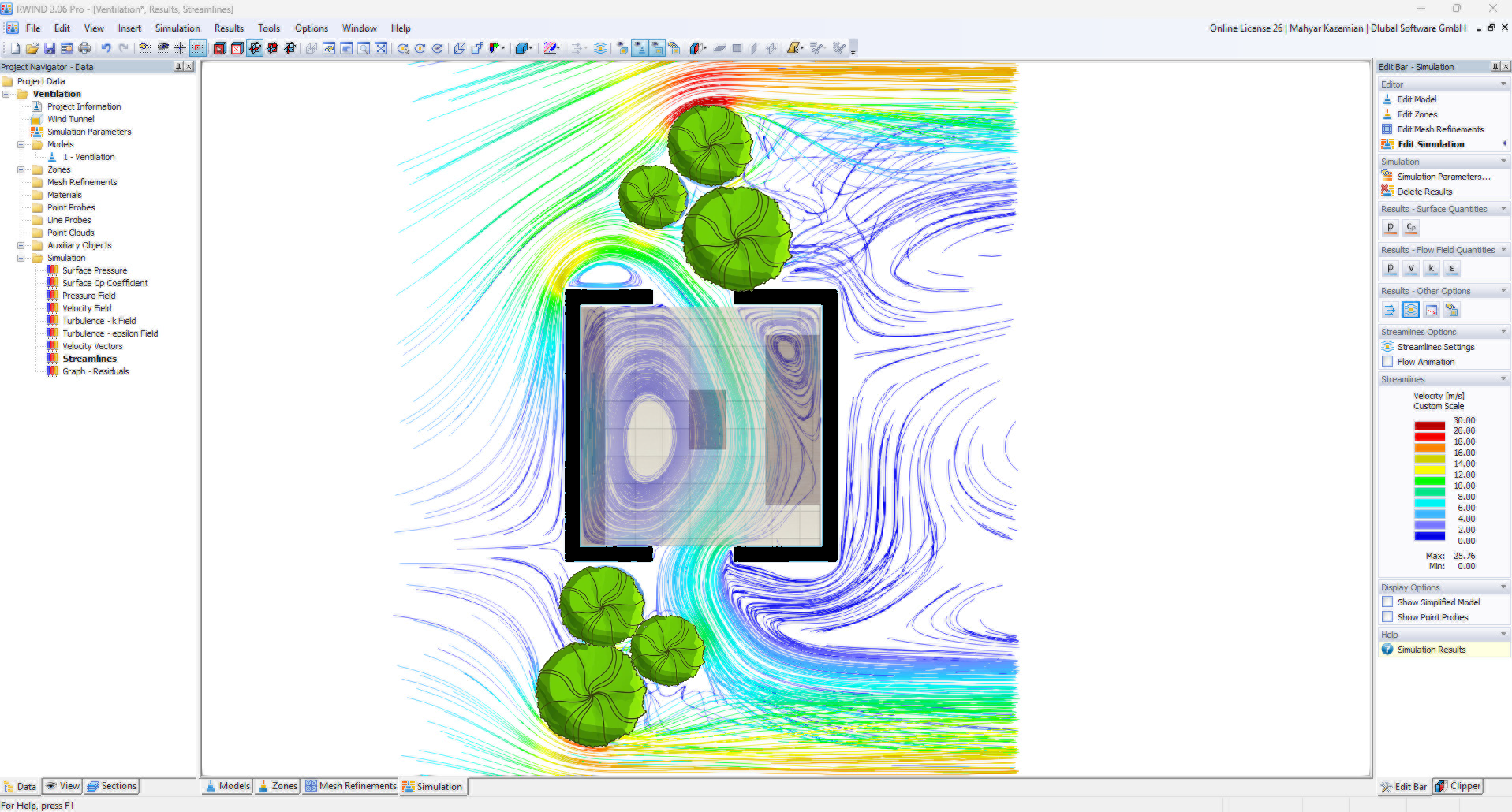 Top-view ventilation visualization in RWIND showing airflow interaction with the building and surrounding vegetation