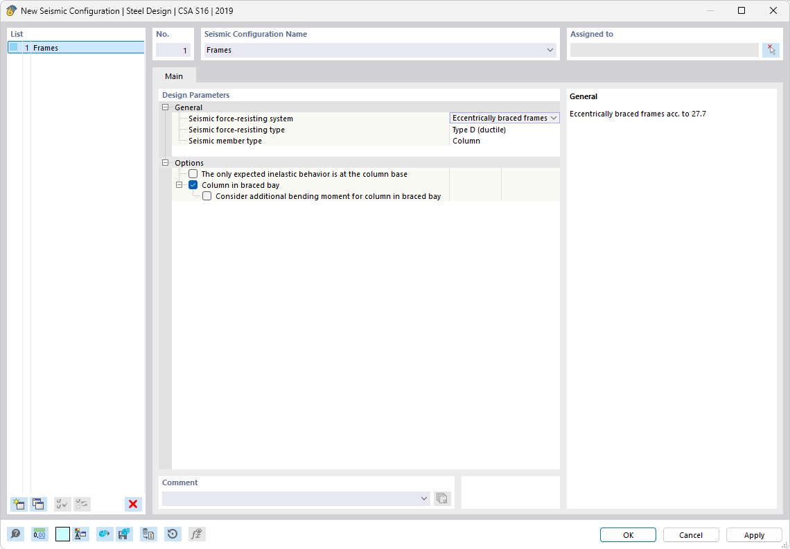 Dialog Box for Seismic Configurations in Steel Design According to CSA S16