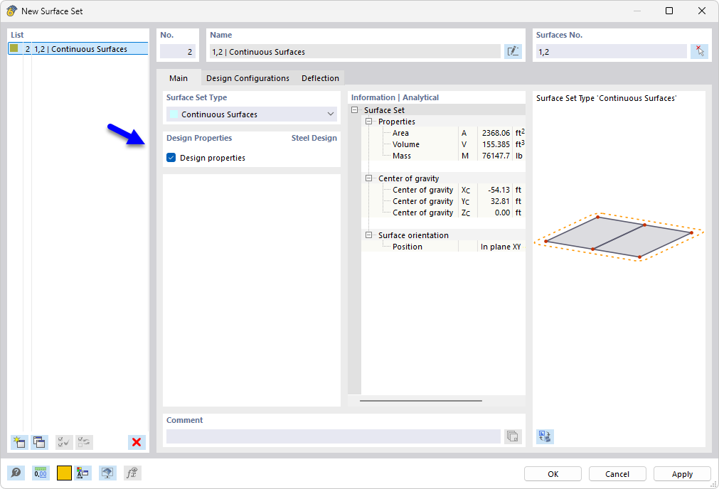 Dialog Box "New Surface Set" – Activated Design Properties for Steel Design