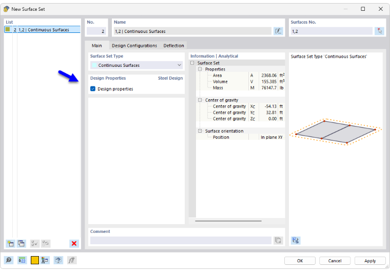 Dialog Box "New Surface Set" – Activated Design Properties for Steel Design