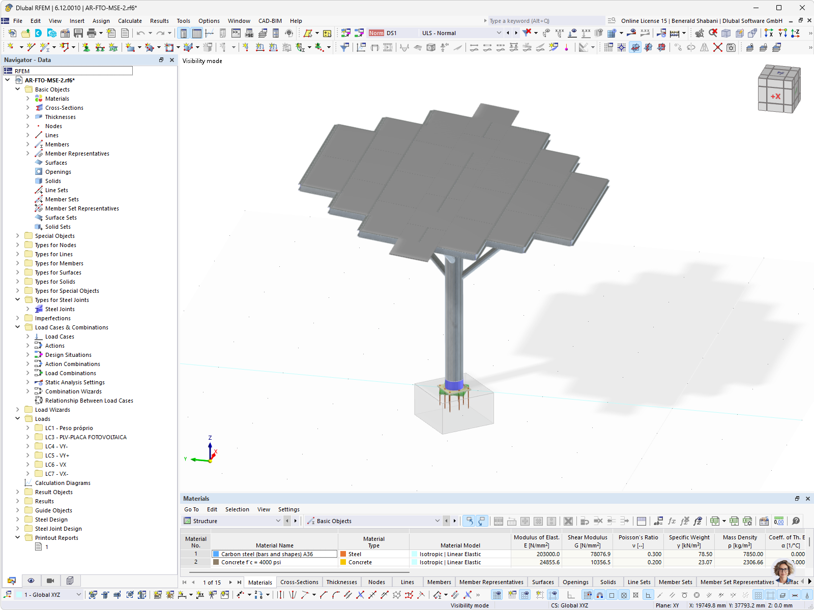 RFEM model of a modern solar tree by MSE Engenharia.