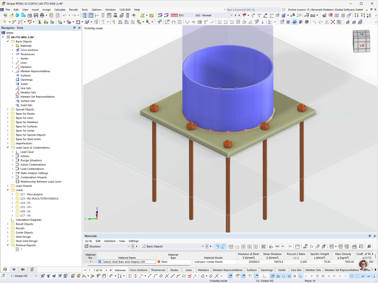Detailed view of a column base connection with structural components in an analysis software.