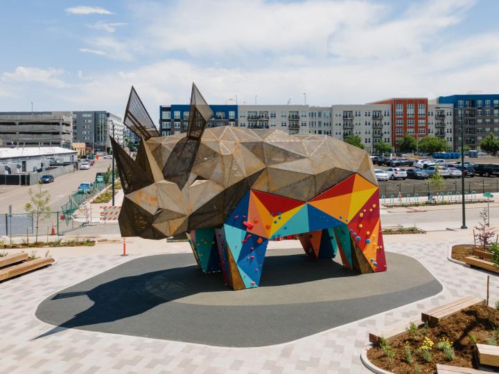 Detail view of a steel structure of Rhino Climbers at Denargo Market by CRAFT Engineering Studio