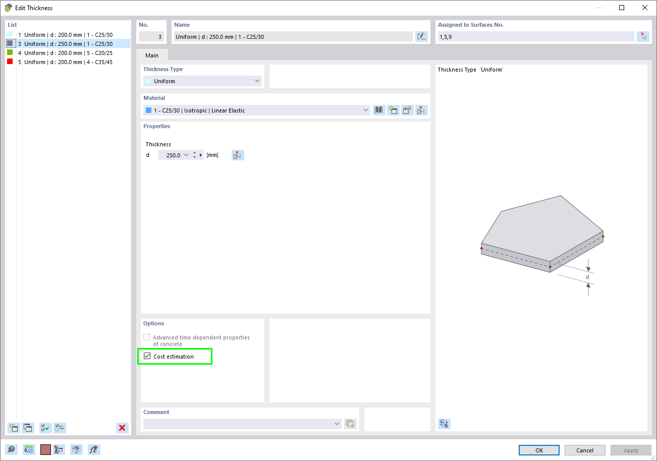 Display of the edit thickness options screen showing main parameters and adjustments for structural model settings.