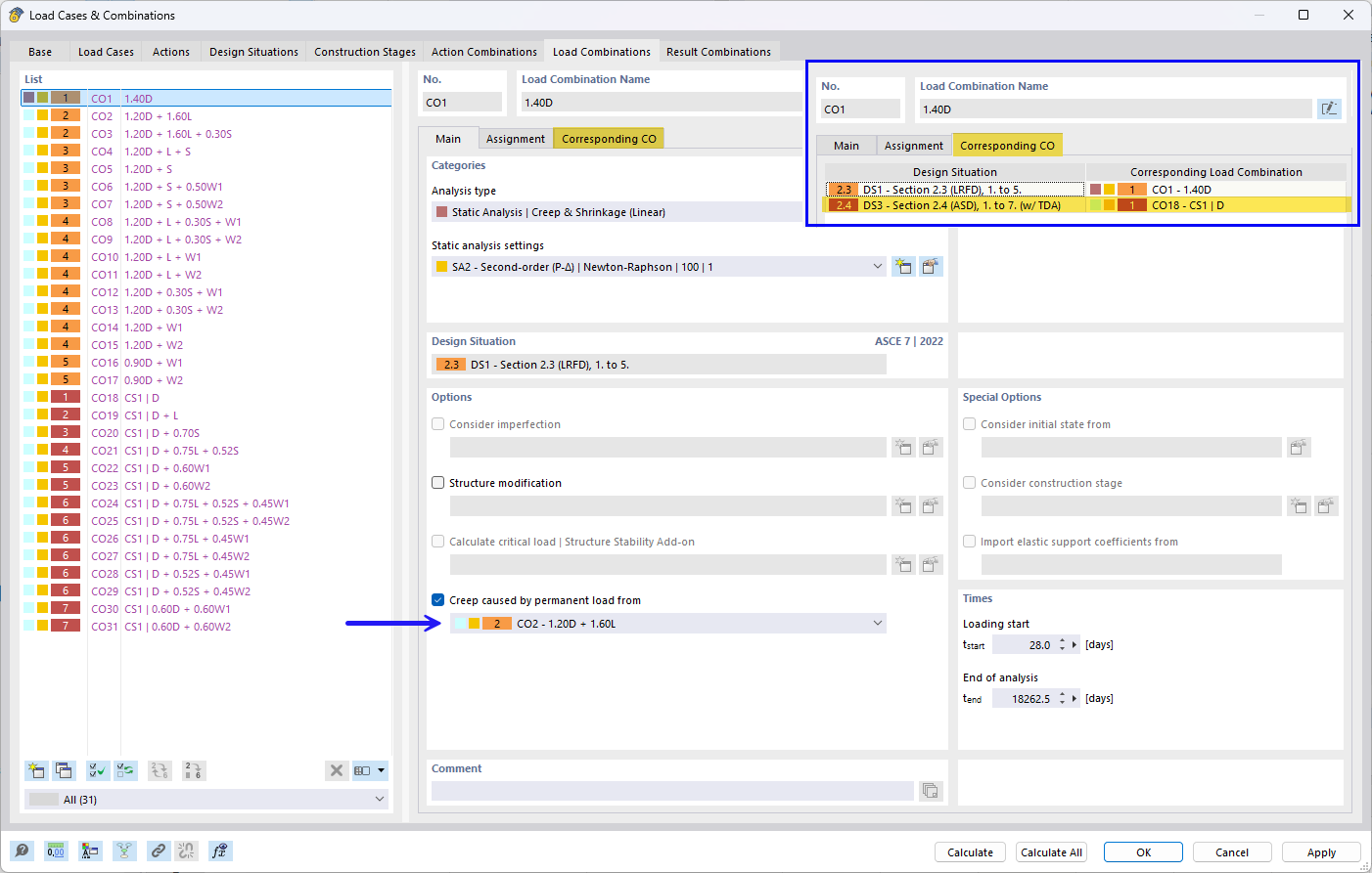 Setting the creep-inducing permanent load using the combination wizard and corresponding combinations